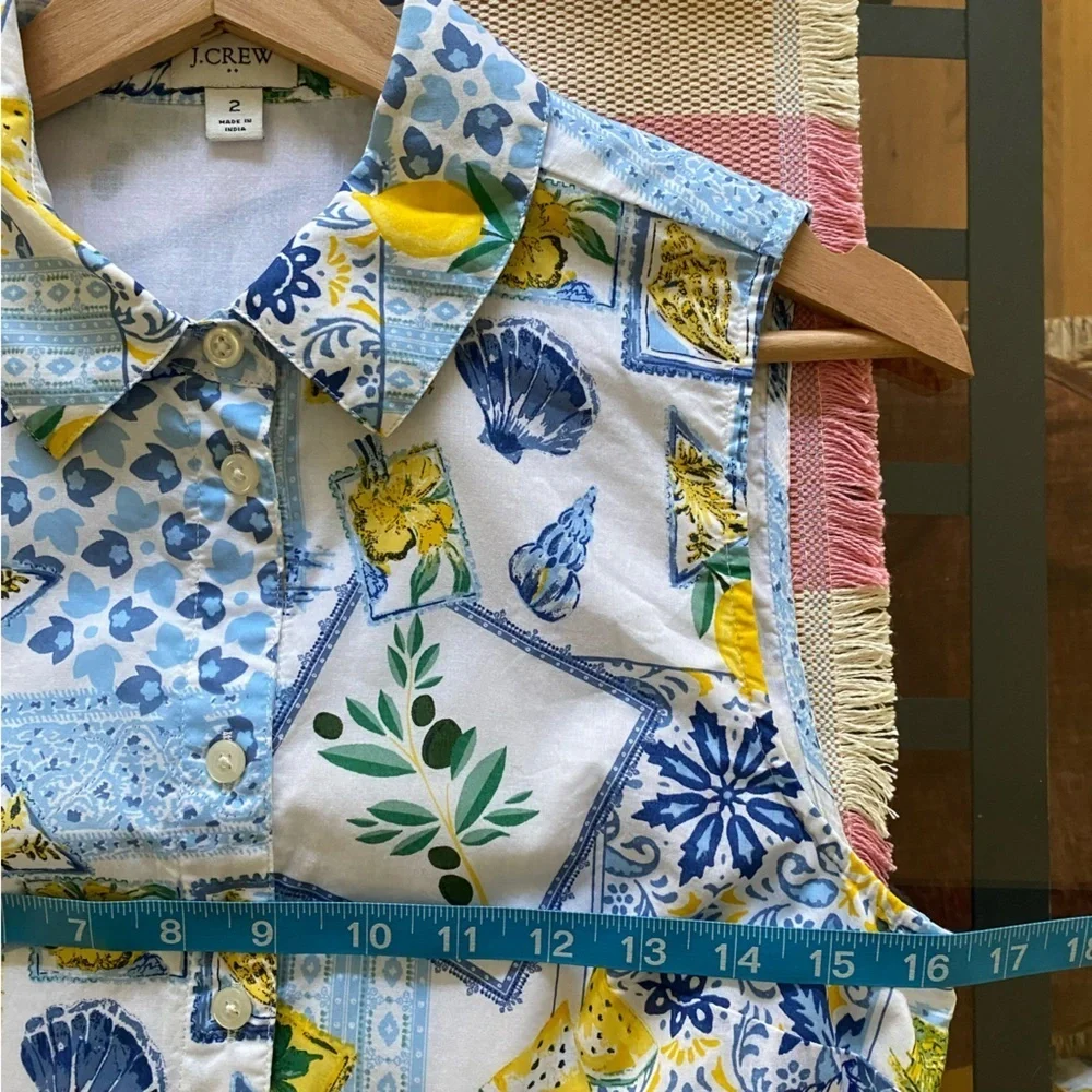 J.Crew White Blue Yellow Tropical Vacation Print Collared Midi Dress 2